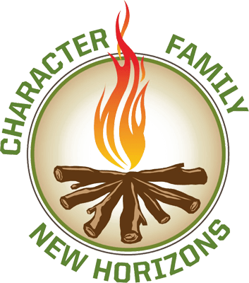 Hiram House Camp Logo: fire surrounded by the words Character, Family, New Horizons